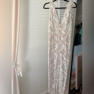 Lulu's Nude and White Lace V-Neck Jumpsuit